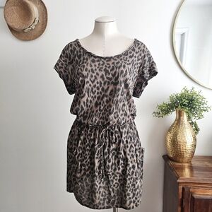 Leopard Print Supima Cotton Short Sleeves Pockets Soft Stretch Romper Dress, S